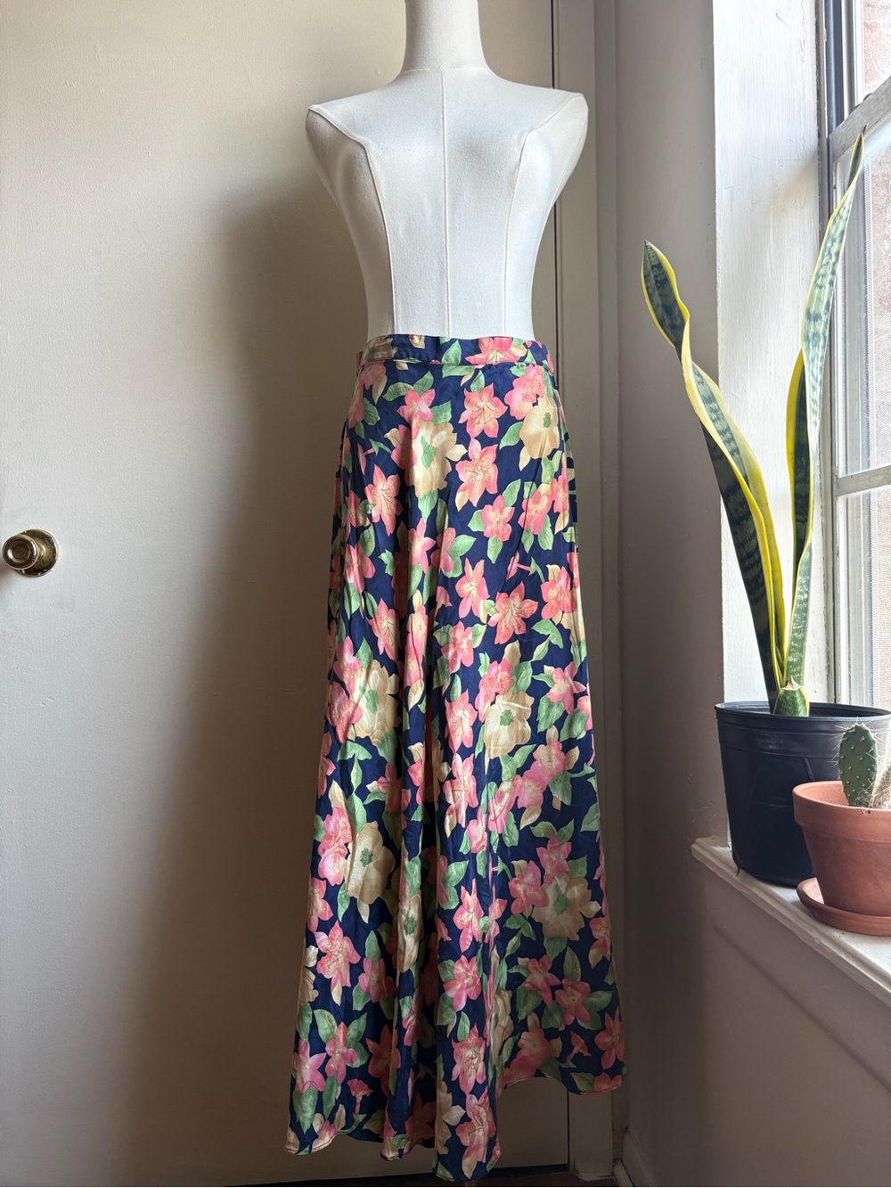 vintage floral silk a-line midi skirt